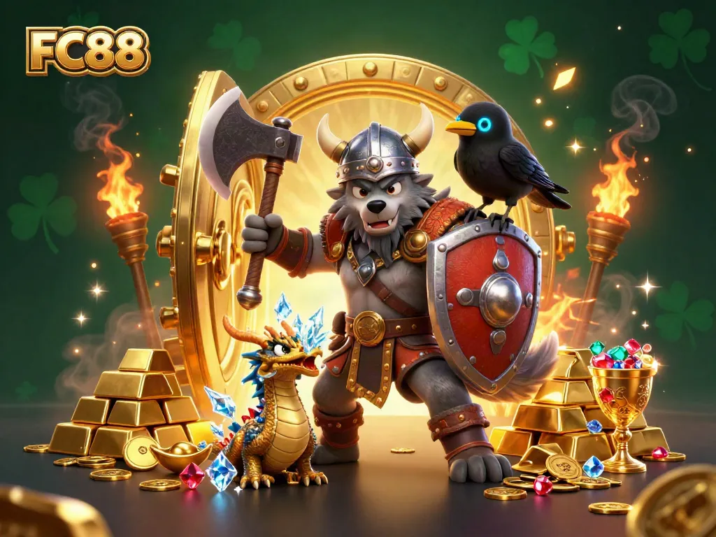 Experience the thrilling world of FC88 with Viking characters and sparkling treasures in this immersive 3D illustration.