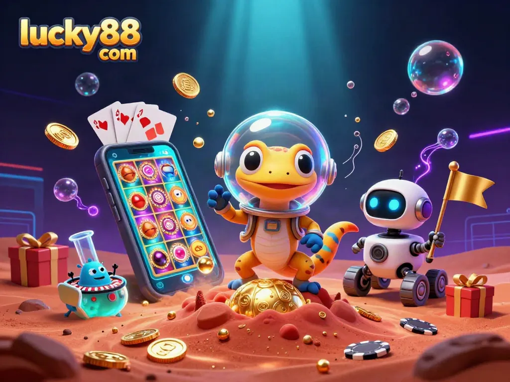 Experience thrilling wins at lucky88 com with vibrant 3D casino adventure illustration.