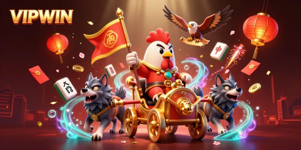 Experience the thrill of VIPWIN with a vibrant 3D casino scene featuring a rooster warlord.