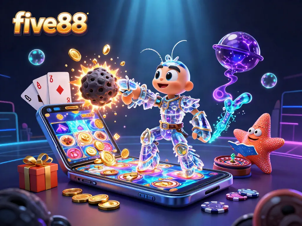 Experience the excitement of five88 with a galactic samurai mantis shrimp amidst exploding gems and coins.