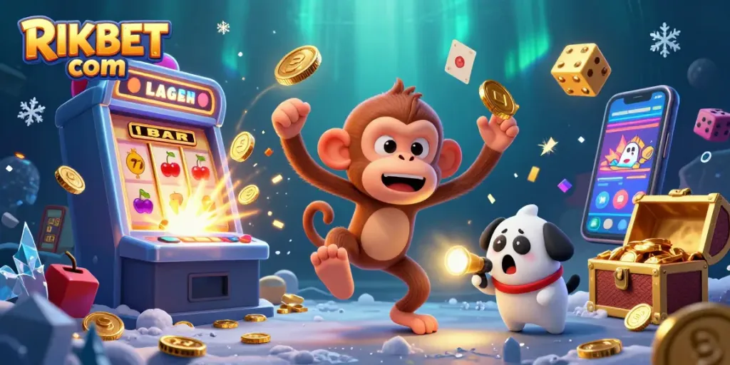 Experience the thrilling entertainment of RIKBET com with a lively casino atmosphere featuring a mischievous monkey and a curious puppy.