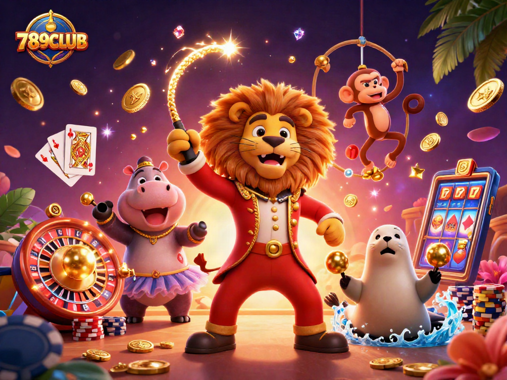 Engage in thrilling gameplay with 789CLUB's vibrant circus illustration featuring casino fun.