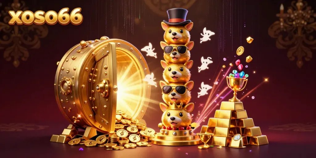 Experience the excitement of xoso66 with vibrant casino-themed elements, showcasing a dynamic totem pole and treasures.