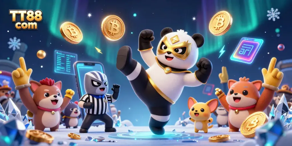 Engaging TT88 com illustration showing a panda wrestler and chihuahua referee in a vibrant casino scene.
