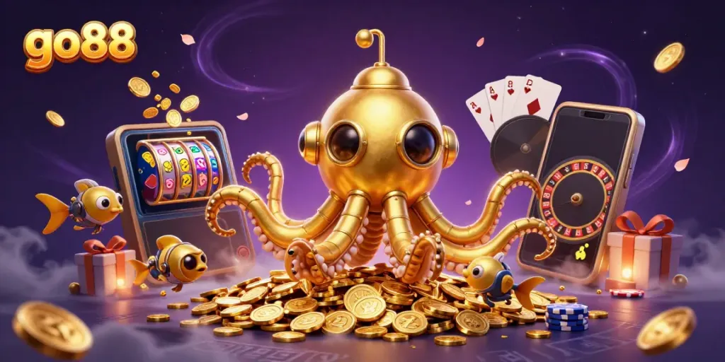 Experience thrilling excitement with go88, showcasing a golden kraken submarine, coins, and casino elements.