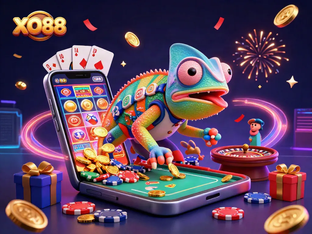 Experience the excitement of XO88 with a vibrant 3D casino scene featuring games, coins, and energy.