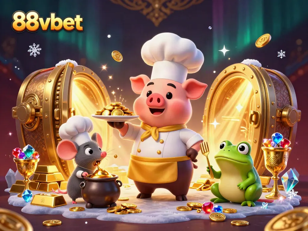 Engage in exciting gameplay at 88vbet with a chef pig serving gold coins in a vibrant casino scene.