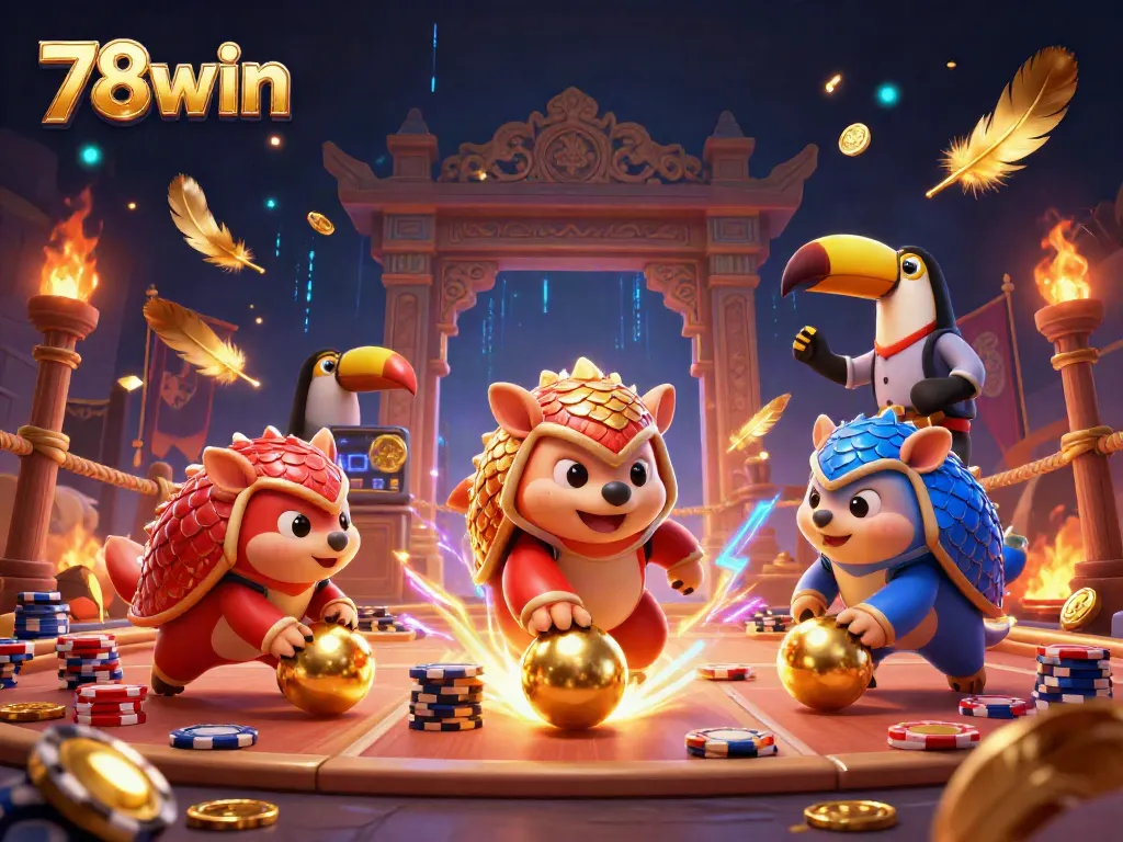 Competing pangolins roll golden balls at 78win with vibrant casino elements
