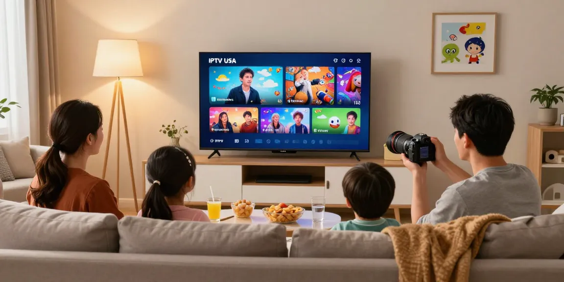 Family enjoying IPTV USA in a cozy living room with a smart TV.