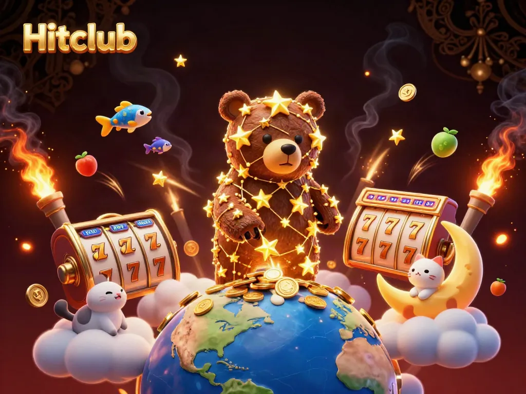 Experience the excitement of winning at Hitclub with an enchanting cosmic scene featuring golden stars, slot elements, and vibrant characters.
