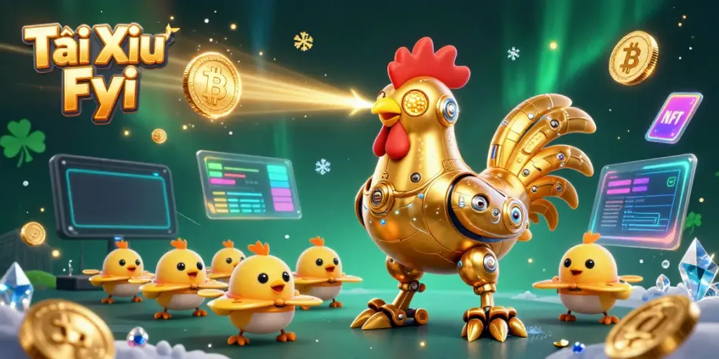 Tài Xỉu Fyi lottery illustration featuring a golden rooster robot with baby chick drones, Bitcoin, and Ethereum coins