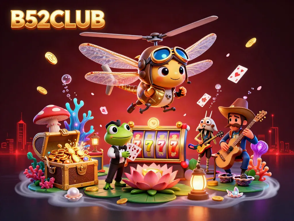 B52CLUB showcases a vibrant casino scene with a dragonfly pilot, a frog croupier, and jazz musicians, capturing the excitement of online gaming.