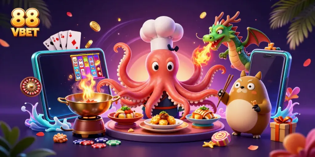 Experience the exciting world of 88 VBET with vibrant characters and rewards in a stunning online gambling scene.