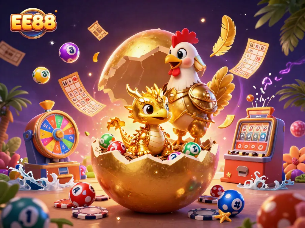 Experience the excitement of EE88 with a golden dragon amidst casino elements and lottery excitement.
