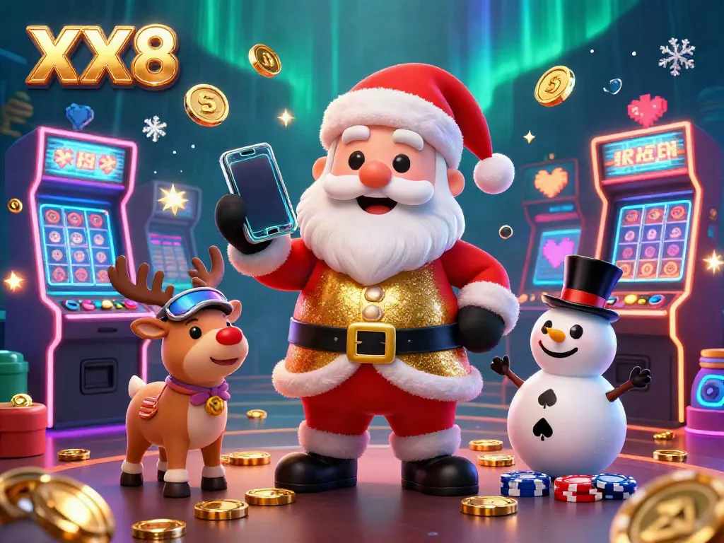 Experience the thrill of winning with XX8 showcased in a vibrant casino scene featuring Santa Claus and friends.
