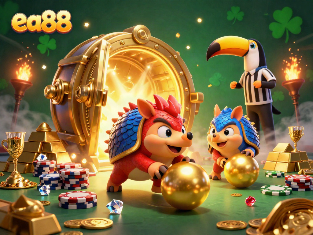 ea88 features rival pangolins bowling through poker chips in a vibrant casino scene.