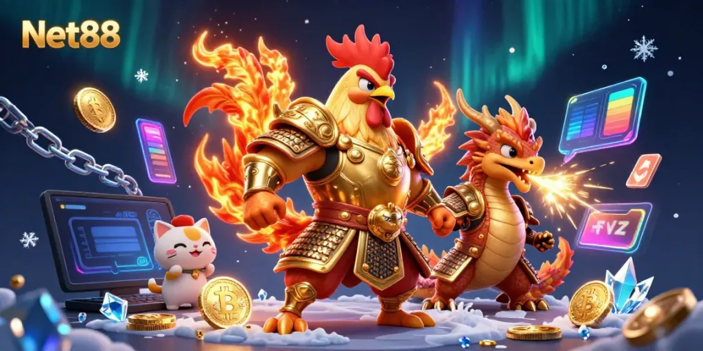 Experience thrilling wins with Net88's dynamic gaming scene featuring iconic characters and crypto elements.