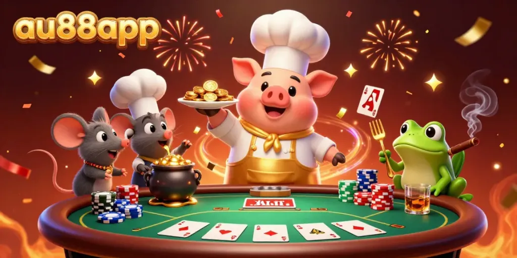 Engaging 3D illustration showcasing au88app characters in a lively casino scene with poker elements.