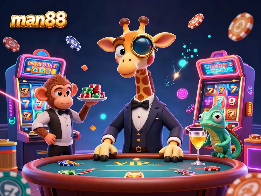 Experience excitement at man88 with a cartoon giraffe at a VIP poker table, lively game elements surrounding.
