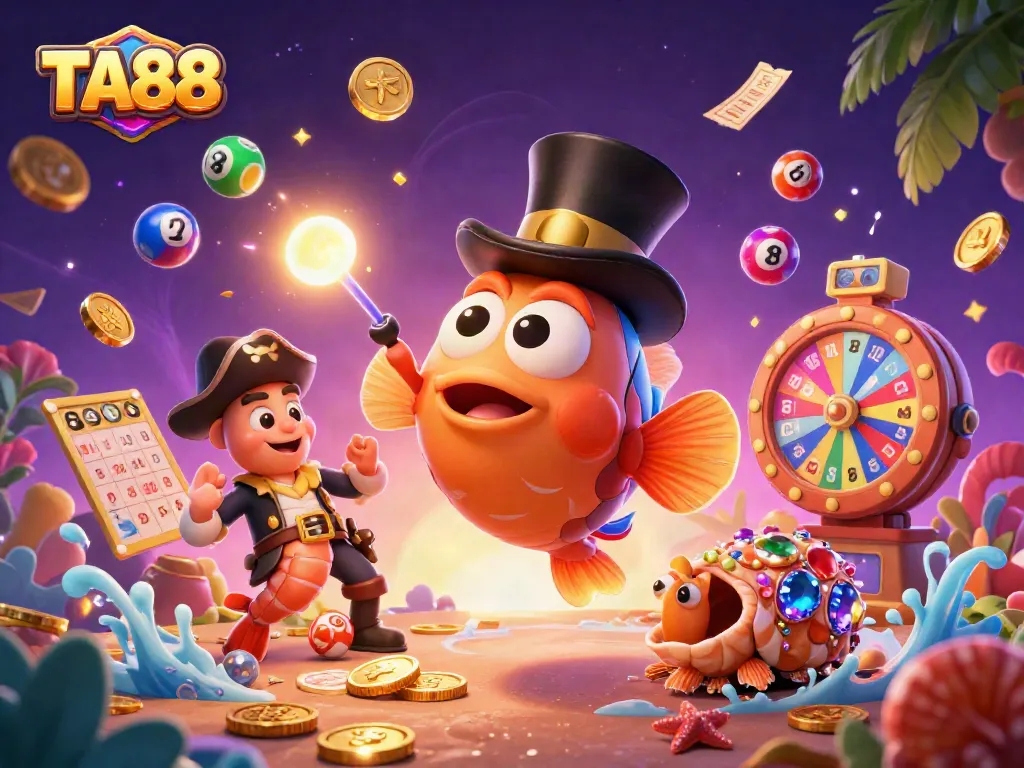 Join the fun at TA88 as colorful lottery balls and a treasure-filled scene ignite excitement.