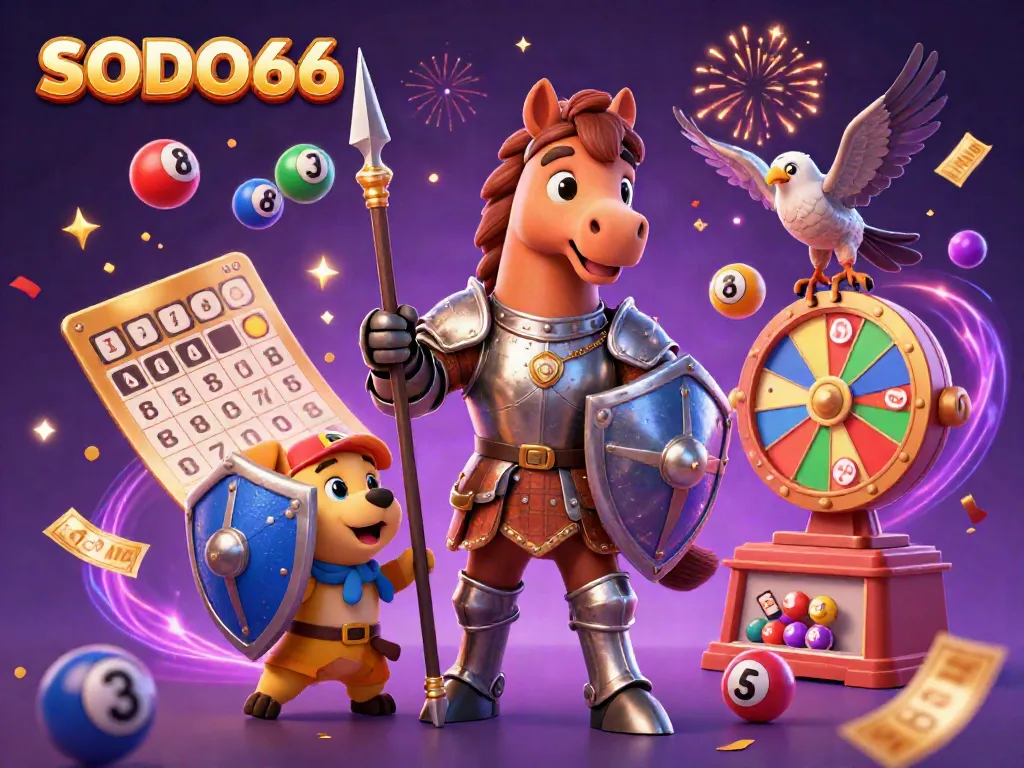 Spin to win with SODO66 as a knight, squire, and falcon celebrate amidst lottery balls and magical confetti.