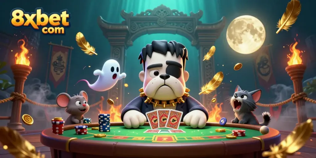 Experience thrilling card games at 8xbet com with a vibrant 3D gaming scene, showcasing an exciting atmosphere.