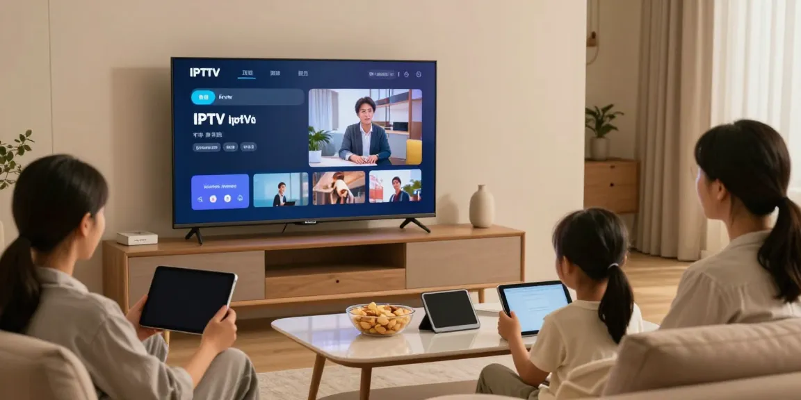 Family enjoying IPTV USA streaming in a cozy living room.