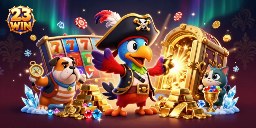 Experience the thrill of 23 WIN with vibrant slot reels and lively casino characters.