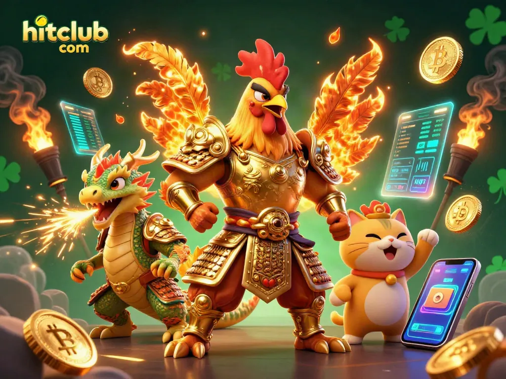 Engage in thrilling gameplay at hitclub com, featuring vibrant gaming characters amidst dazzling cryptocurrency elements.