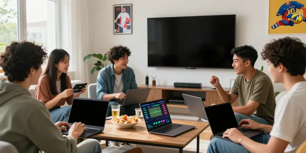 Friends enjoying zbet online sports betting in a lively home setting