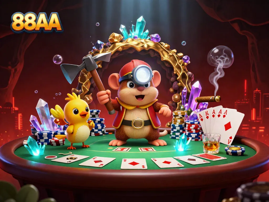 88AA treasure hunter mole and canary amidst poker chips and cards in a vibrant casino scene.