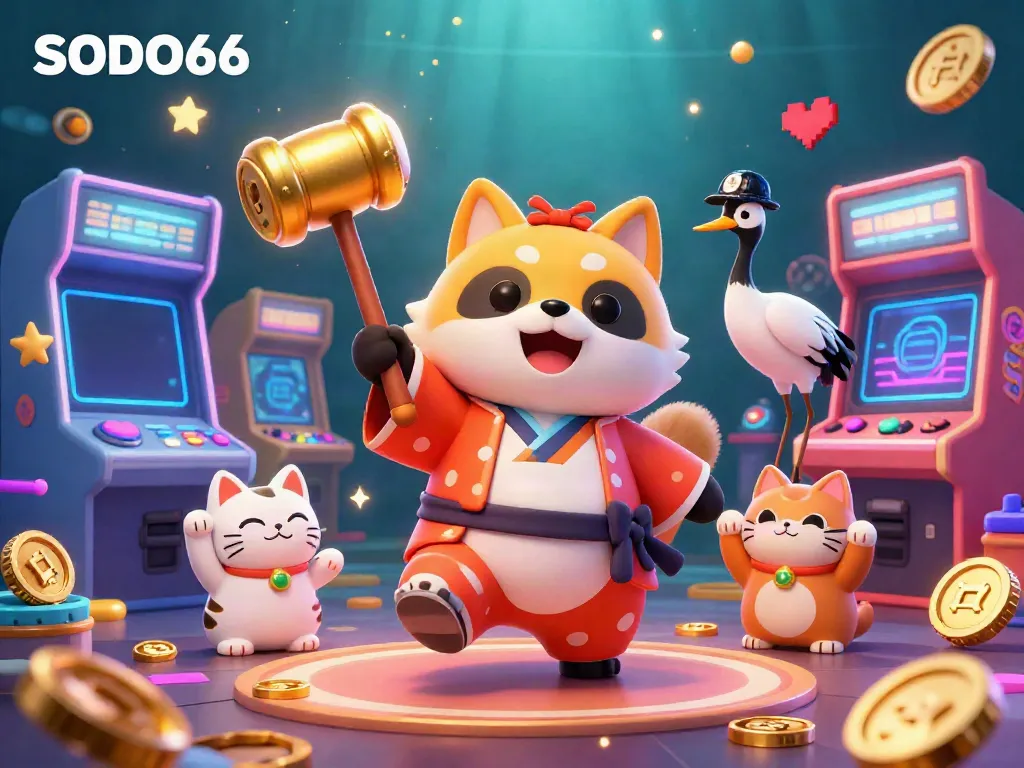 Experience thrilling gameplay with SODO66, highlighted by vibrant 3D illustrations of a cheerful tanuki and lucky symbols.