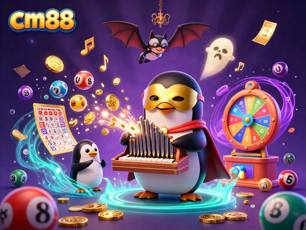Experience the excitement of cm88 with a lavish gaming scene featuring a penguin and dynamic lottery elements.