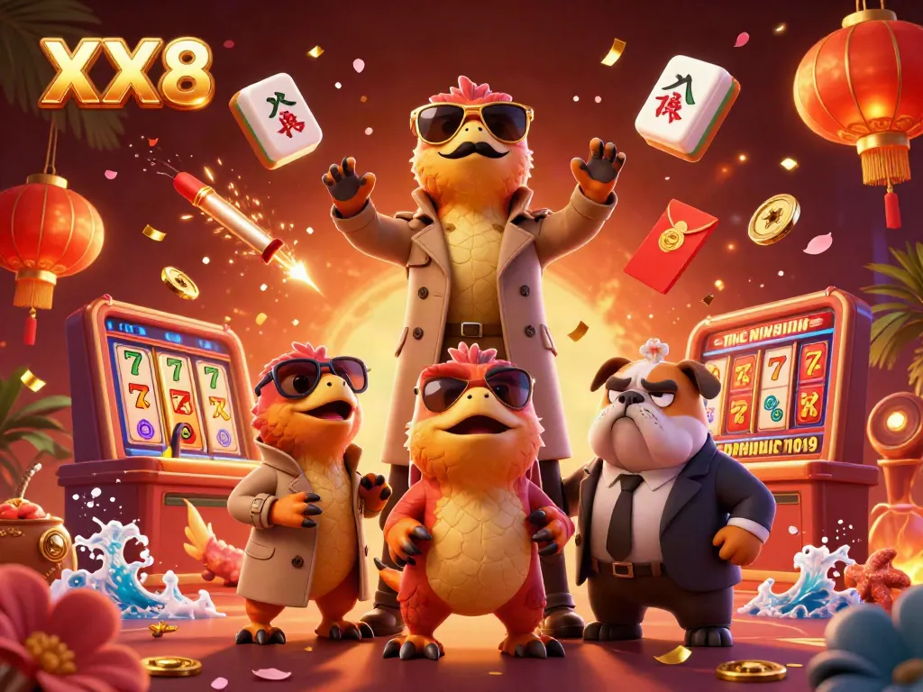 Experience excitement in the vibrant VIP casino scene featuring the playful raptors and dynamic game elements of XX8.