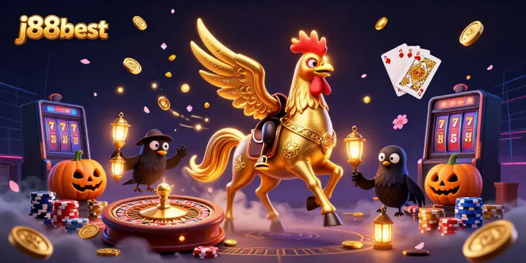 Engage in thrilling gameplay at j88best with a vibrant casino scene featuring golden rooster and sparkling gems.