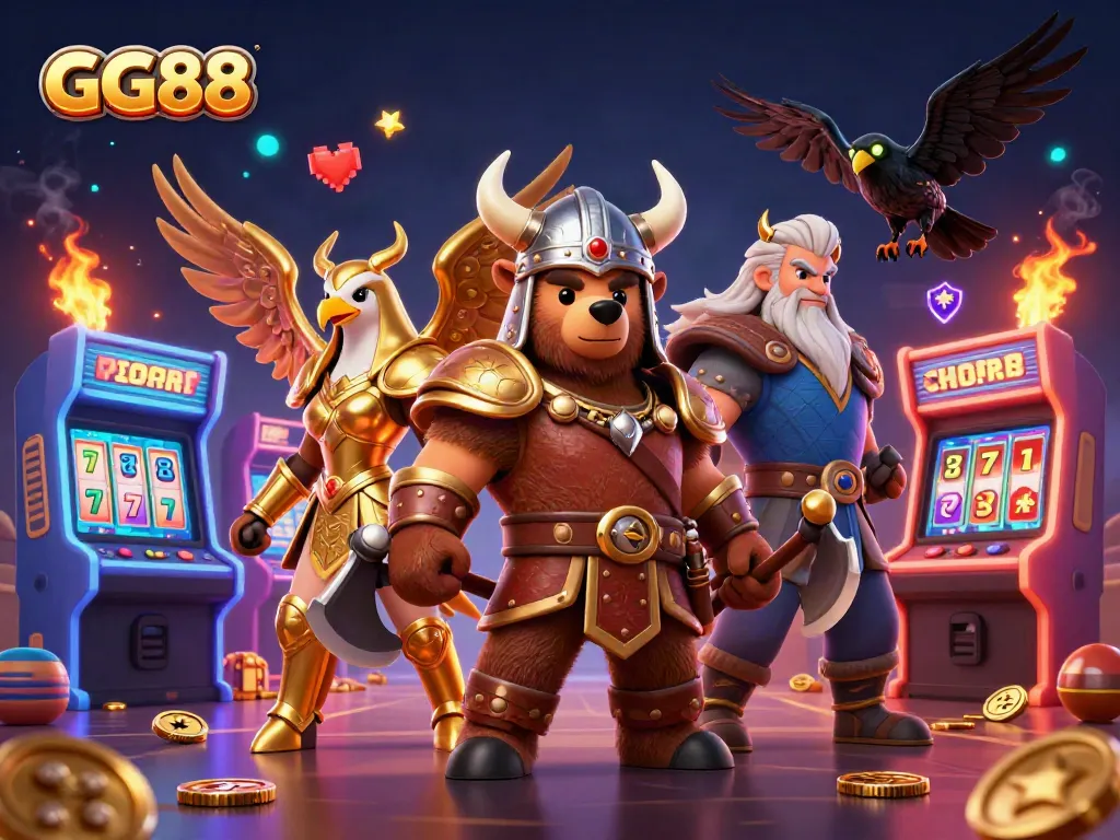 Engage with GG88's ultimate gaming adventure featuring a Viking bear and interactive casino elements.