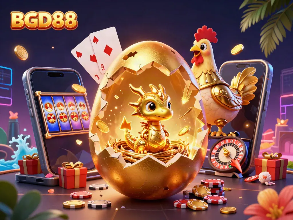 Experience the thrill of BGD88 with golden dragon and poker chips in a vibrant casino scene.