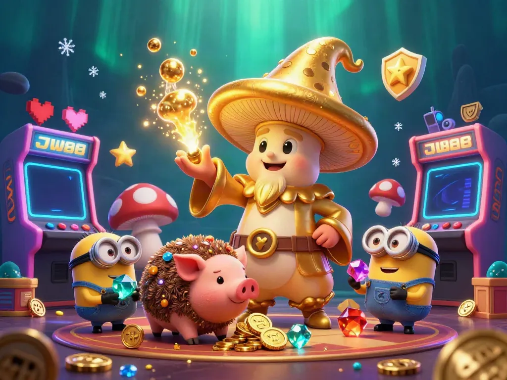 Experience the magic of jw88 casino with dynamic gaming scenes featuring golden characters and arcade elements.