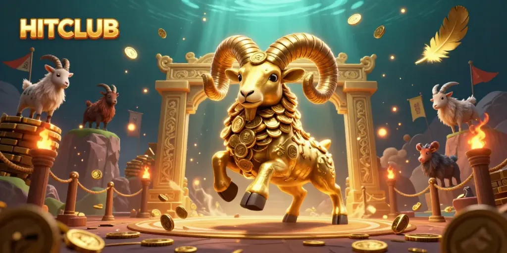 Engage with HITCLUB's thrilling gaming experience featuring golden coins and a ram at a dynamic casino arena.