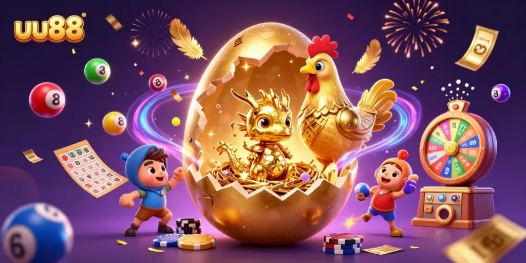 Engage with uu88's thrilling casino experience featuring a golden dragon amongst dynamic lottery elements.