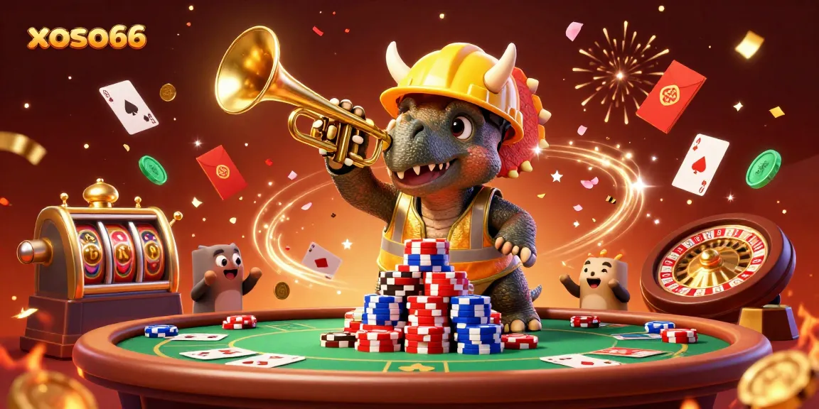 xoso66 celebrates with a triceratops and friends building poker chips while surrounded by iconic casino elements.