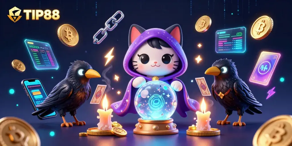 Engage with TIP88 in an illustrated scene showcasing a mystic cat, raven, and vibrant gambling elements.