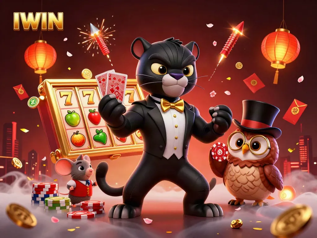 IWIN characters engage in dynamic casino action with vibrant slots and rich elements.
