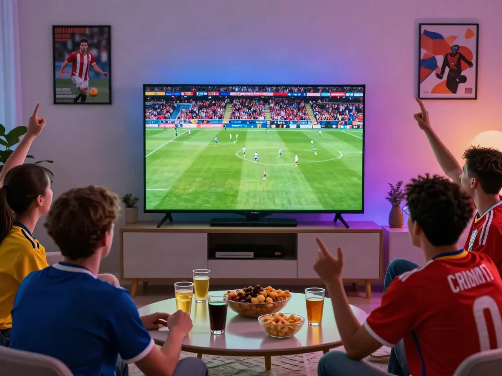 Excited fans at home enjoying thapcamtv live football match with vibrant lighting and snacks.