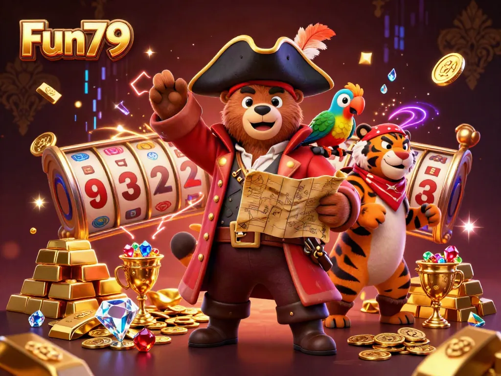 Experience thrilling moments at Fun79 with a vibrant 3D casino scene featuring colorful characters and riches.