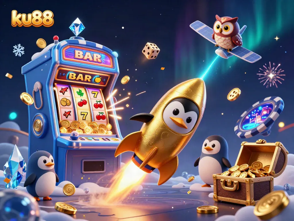 Engage in exciting games at ku88 with a vibrant 3D scene showcasing casino elements and characters.