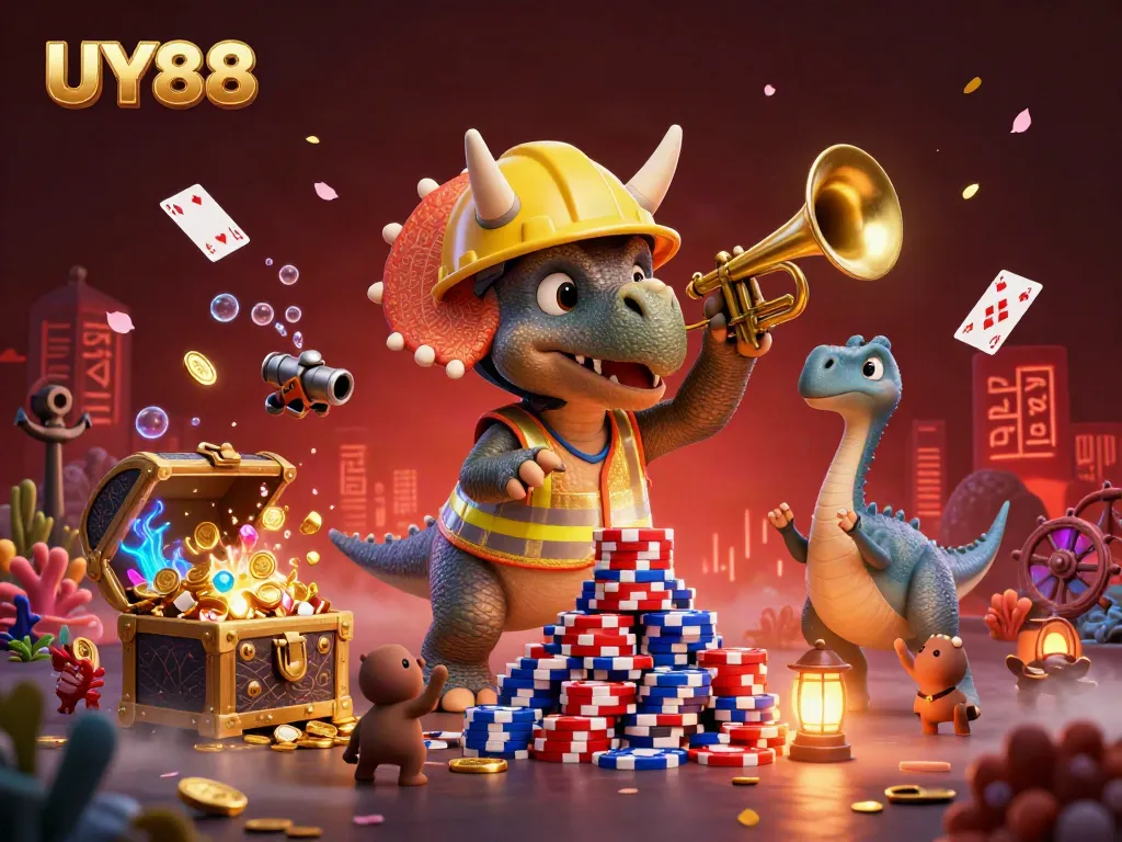 Experience excitement with UY88 as cartoon dinosaurs celebrate winning poker chips surrounded by casino elements.
