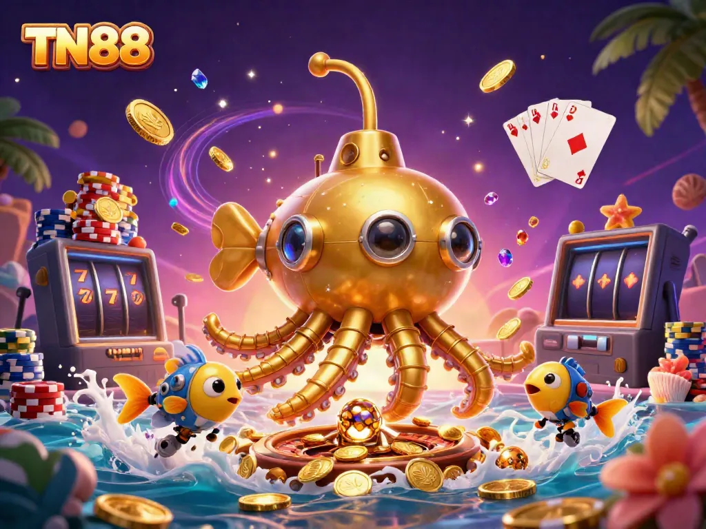 Engage in captivating gameplay with TN88's underwater treasure hunt featuring a golden kraken submarine.