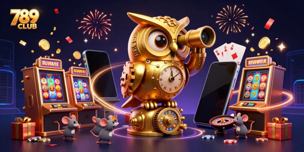 Experience the excitement of 789CLUB with a dynamic scene of a golden owl overseeing a vibrant casino floor.