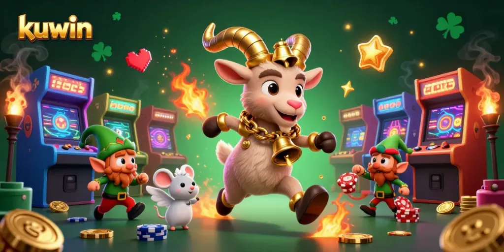 Kuwin Casino features Krampus, angel mouse, and gremlins in a vibrant holiday scene.